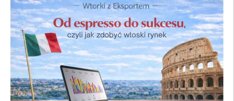 Grafika promująca wydarzenie z cyklu Wtorki z Eksportem pt. Od espresso do sukcesu, czyli jak zdobyć włoski rynek. Na tle błękitnego nieba i panoramy Rzymu z widocznym Koloseum umieszczono flagę Włoch na maszcie oraz otwarty laptop wyświetlający kolorowe wykresy słupkowe.