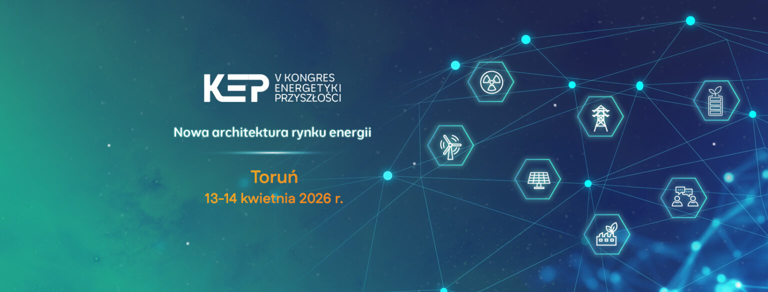 Grafika promująca V Kongres Energetyki Przyszłości (KEP) pod hasłem Nowa architektura rynku energii. Wydarzenie odbędzie się w Toruniu w dniach 13–14 kwietnia 2026 r. Tło grafiki jest ciemnoniebieskie i zielone, przypominające przestrzeń kosmiczną lub cyfrową sieć, z naniesioną strukturą połączonych punktów. W sześciobocznych ikonach umieszczono symbole związane z energetyką: elektrownię jądrową, turbinę wiatrową, słup wysokiego napięcia, panel fotowoltaiczny, baterię, fabrykę oraz ikonę komunikacji.