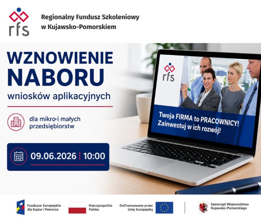 📢 Wznowienie naboru wniosków w projekcie Regionalny Fundusz Szkoleniowy II Już 📅 9 czerwca 2026 r. o godz. ⏰ 10:00 rusza nabór wniosków aplikacyjnych w ramach projektu RFS II o wsparcie dla mikro- i małych przedsiębiorstw z województwa kujawsko-pomorskiego To kolejna szansa na zdobycie dofinansowania na rozwój kompetencji swoich lub pracowników. Nie zwlekaj – przygotuj się i skorzystaj ze środków, które pomogą rozwinąć potencjał Twojej firmy! 🚀 Szczegółowe informacje i dokumentacja dostępne są na stronie projektu: 🔗 https://uslugirozwojowe.tarr.org.pl/ 🚀 Rozwijaj się z nami – sięgnij po wsparcie z RFS II! Projekt Regionalny Fundusz Szkoleniowy II jest współfinansowany ze środków UE w ramach programu Fundusze Europejskie dla Kujaw i Pomorza 2021–2027.