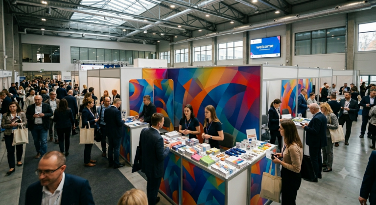 Szerokie ujęcie z góry na salon targowy lub konferencyjny z licznymi stoiskami wystawienniczymi i tłumem odwiedzających. Na pierwszym planie i w centrum znajdują się stanowiska z kolorowymi grafikami, na których wyłożone są materiały promocyjne, ulotki i gadżety. Za ladami stoją uśmiechnięci wystawcy rozmawiający z uczestnikami wydarzenia. Wokół stoisk oraz w alejkach przemieszcza się wiele osób, w większości ubranych w stroje biznesowe lub smart casual. W tle widoczne są kolejne rzędy białych boksów targowych, a na odległej ścianie wisi duży ekran z napisem "welcome".