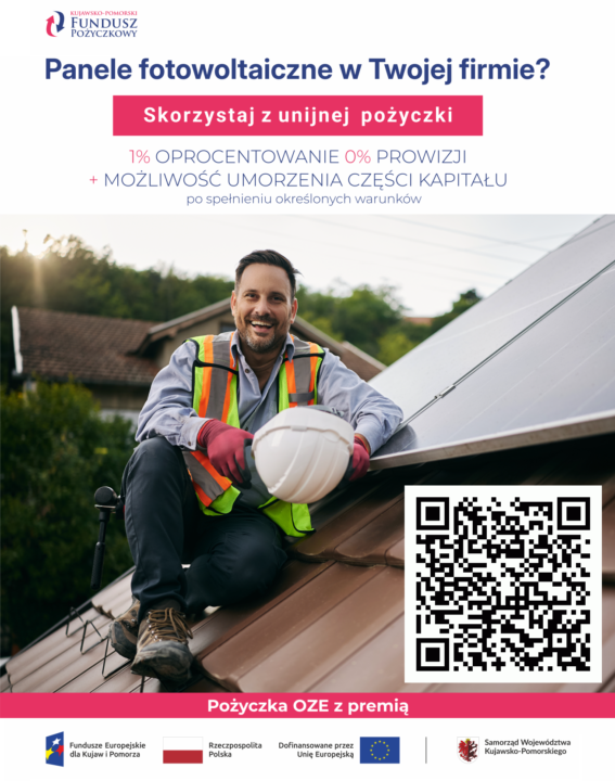 Plakat Kujawsko-Pomorskiego Funduszu Pożyczkowego promujący unijną pożyczkę OZE z premią na panele fotowoltaiczne, przedstawiający uśmiechniętego montera na dachu oraz kod QR.
